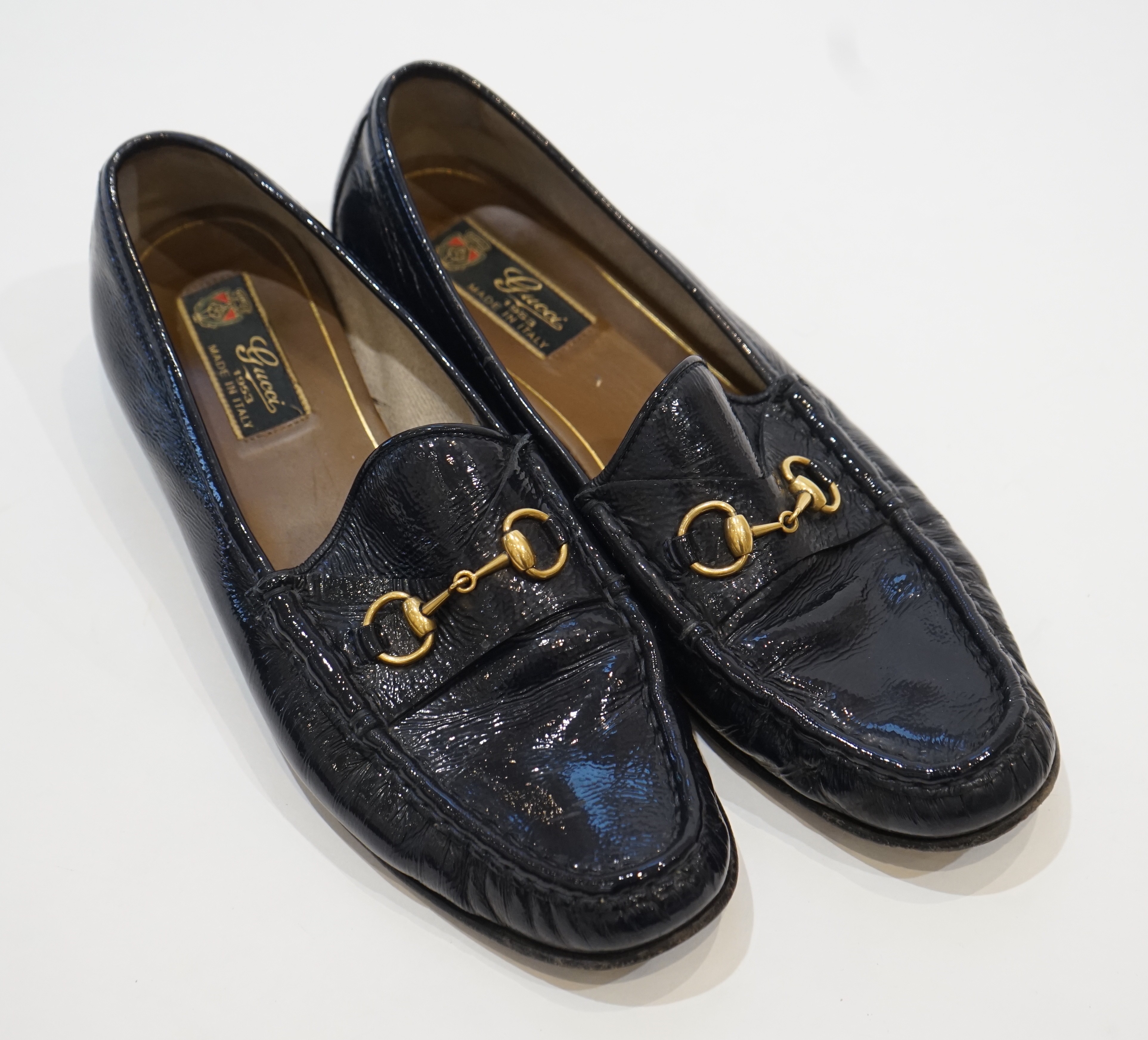 A pair of ladies Gucci Flat Loafer Navy size 41 with bag on box